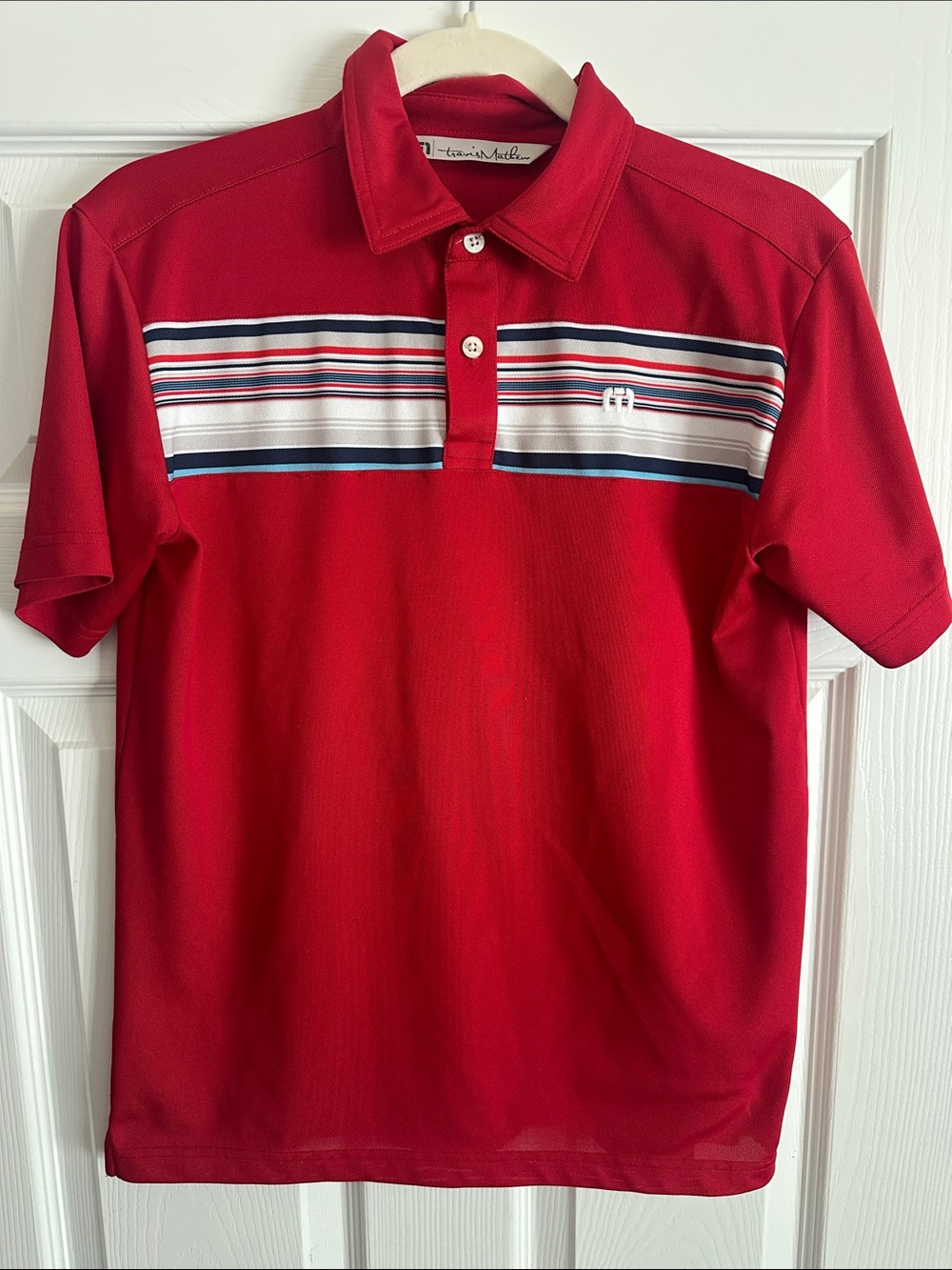 Travis Mathew Red Short-Sleeve Polo with White & Blue Stripes